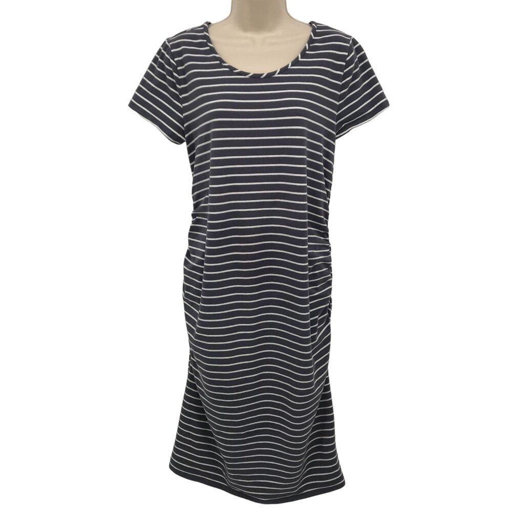 Isakel Womens Gray Striped Maternity Ruched Semi Fitted Thick Knit Dresses Sz L